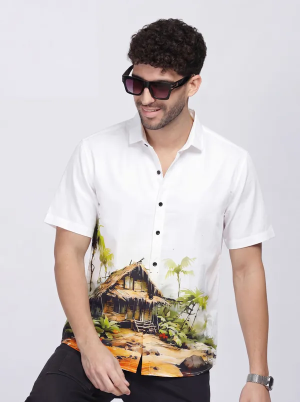 White_Cotton_Casual_Printed_Half_Sleeve_Shirt_For_Men