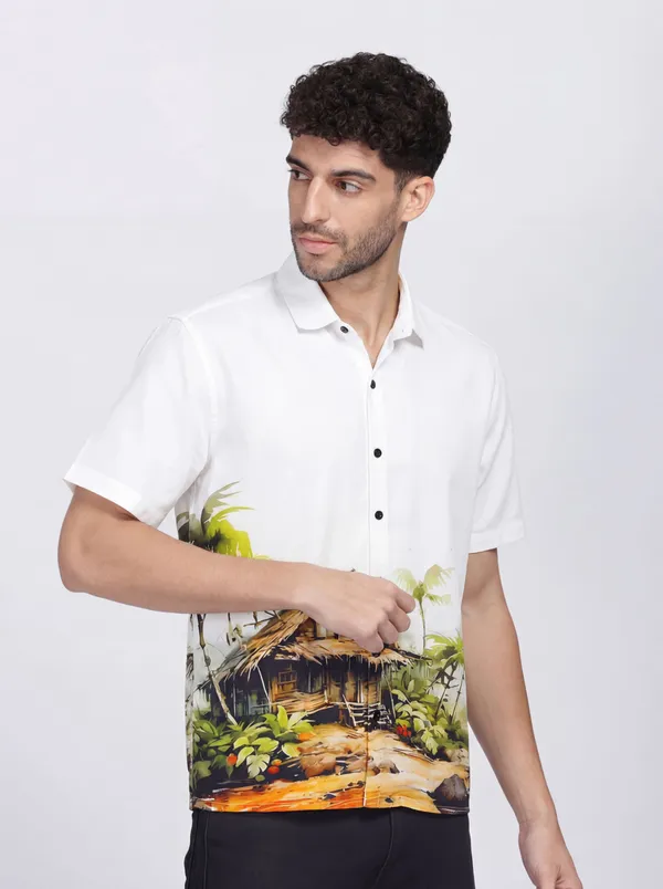 White_Cotton_Casual_Printed_Half_Sleeve_Shirt_For_Men