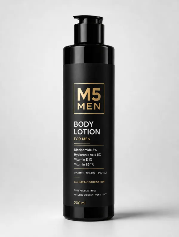 M5_MEN_Body_Lotion_for_Men_with_Niacinamide_0.5%,_Hyaluronic_Acid_0.5%,_Vitamin_E_1%_&_Vitamin_B5_1%_Brightening_&_De_tan_Perfume_Body_Lotion_–_200_ml
