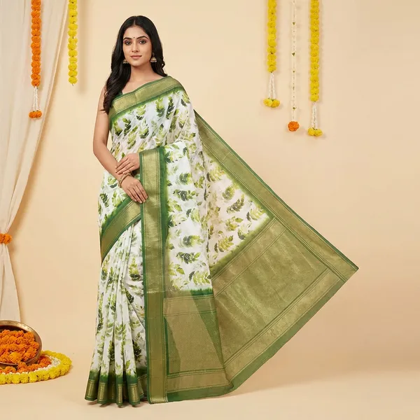 Green_Aura_Cotton_Silk_Digital_Print_With_Latkan_Work_Saree_For_Women
