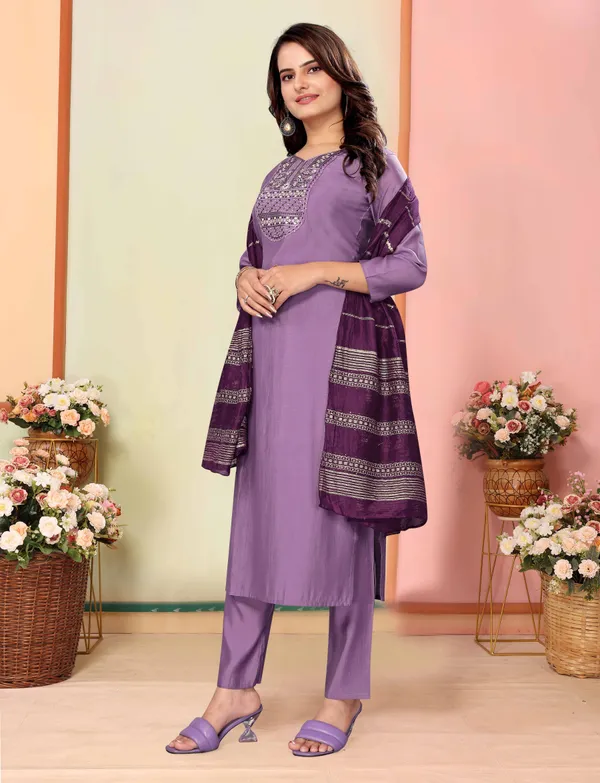 Purple_Silk_Embroidery_Kurti_With_Pant_&_Dupatta_For_Women