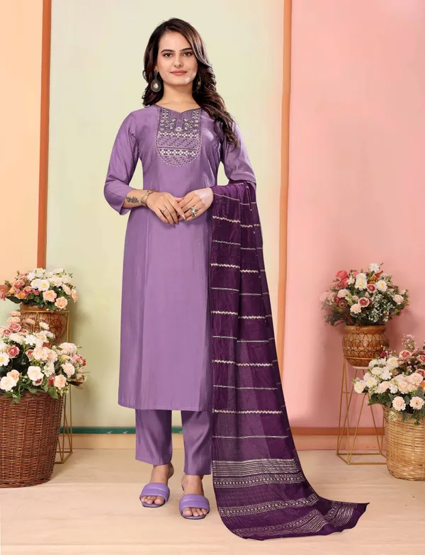 Purple_Silk_Embroidery_Kurti_With_Pant_&_Dupatta_For_Women