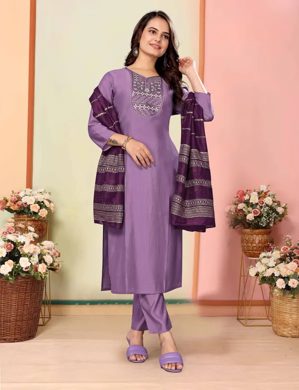 Purple_Silk_Embroidery_Kurti_With_Pant_&_Dupatta_For_Women