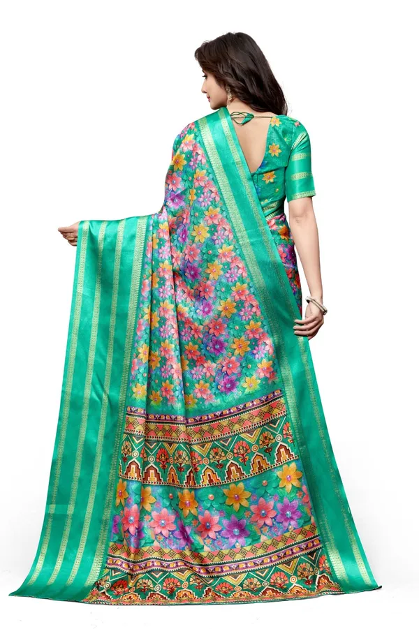Green_Aura_Cotton_Silk_Digital_Print_With_Latkan_Work_Saree_For_Women