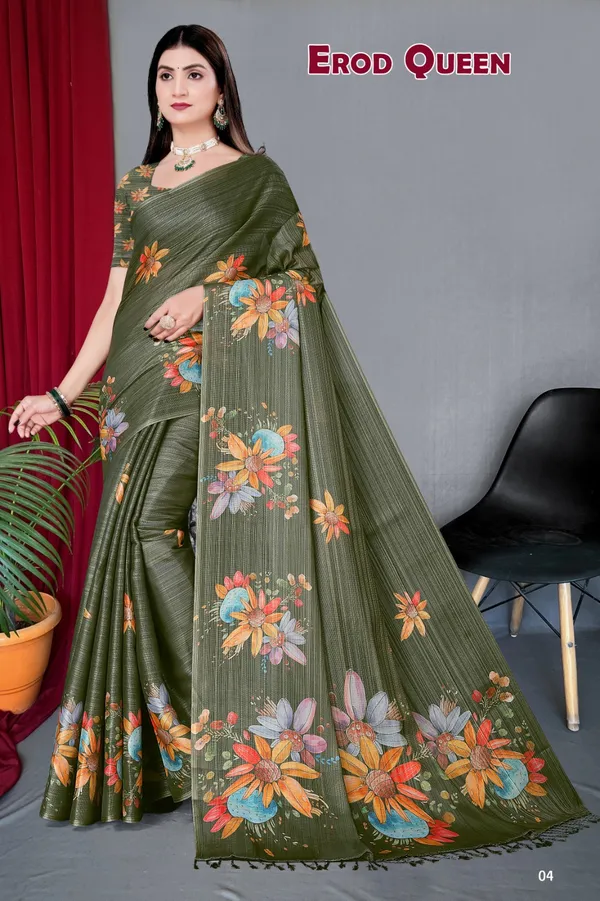 Dark_Green_Erode_Cotton_Silk_Digital_Print_With_Latkan_Work_Saree_For_Women