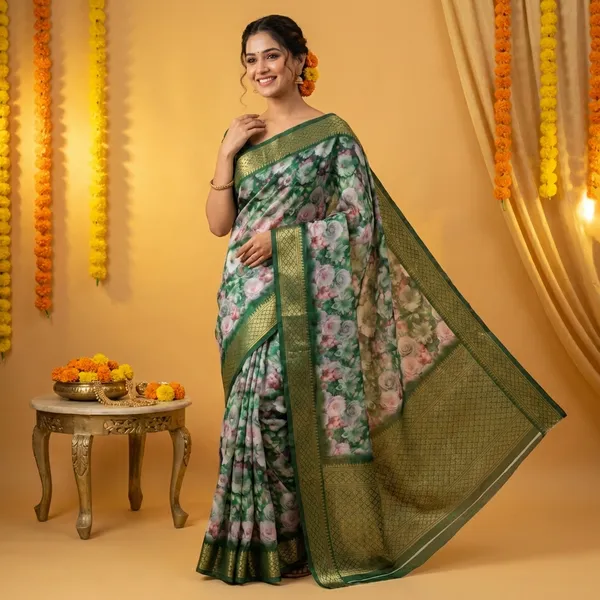 Green_Aura_Cotton_Silk_Digital_Print_With_Latkan_Work_Saree_For_Women
