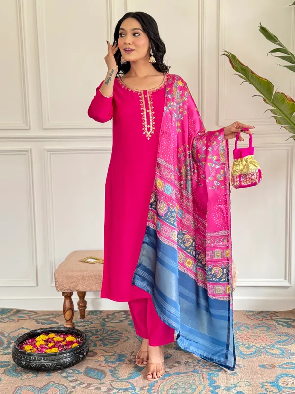 Pink_Viscose_Embroidery_Work_With_Digital_Print_Kurti_With_Pant_&_Dupatta_For_Women