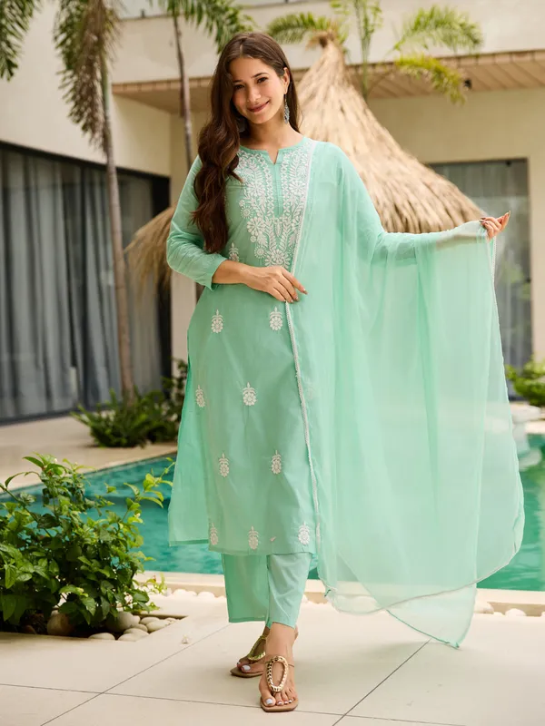 Pista_Cotton_Embroidered_Kurti_With_Pant_&_Dupatta_For_Women