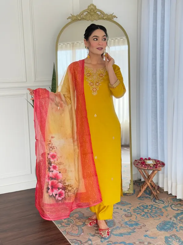 Yellow_Rayon_Embroidered_Kurti_With_Pant_&_Dupatta_For_Women
