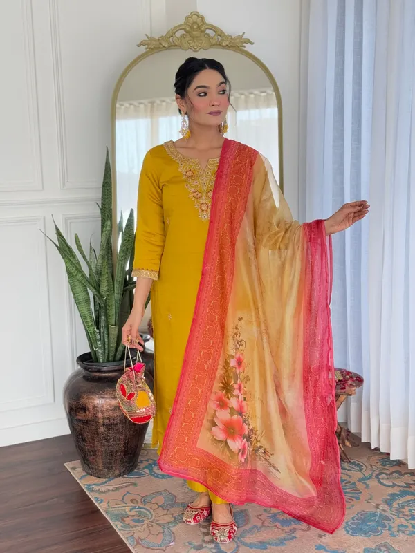 Yellow_Rayon_Embroidered_Kurti_With_Pant_&_Dupatta_For_Women