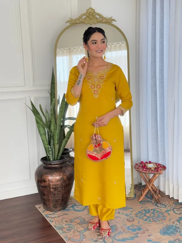 Yellow_Rayon_Embroidered_Kurti_With_Pant_&_Dupatta_For_Women