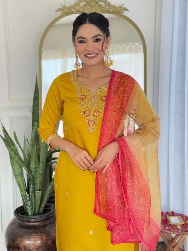Yellow_Rayon_Embroidered_Kurti_With_Pant_&_Dupatta_For_Women