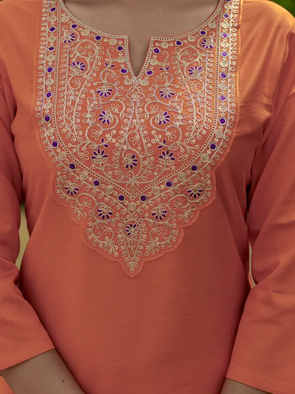 Orange_Rayon_Embroidered_Kurti_With_Pant_&_Dupatta_For_Women