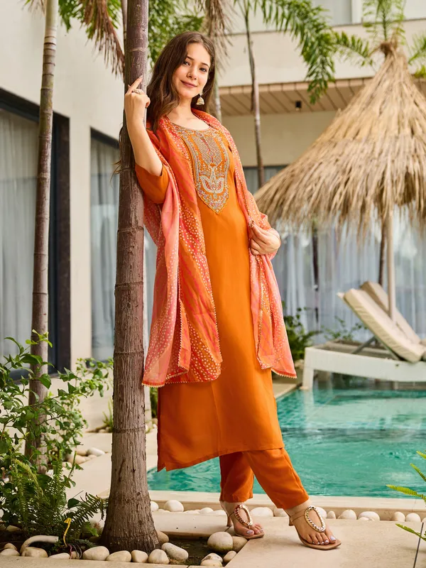 Orange_Rayon_Embroidered_Kurti_With_Pant_&_Dupatta_For_Women