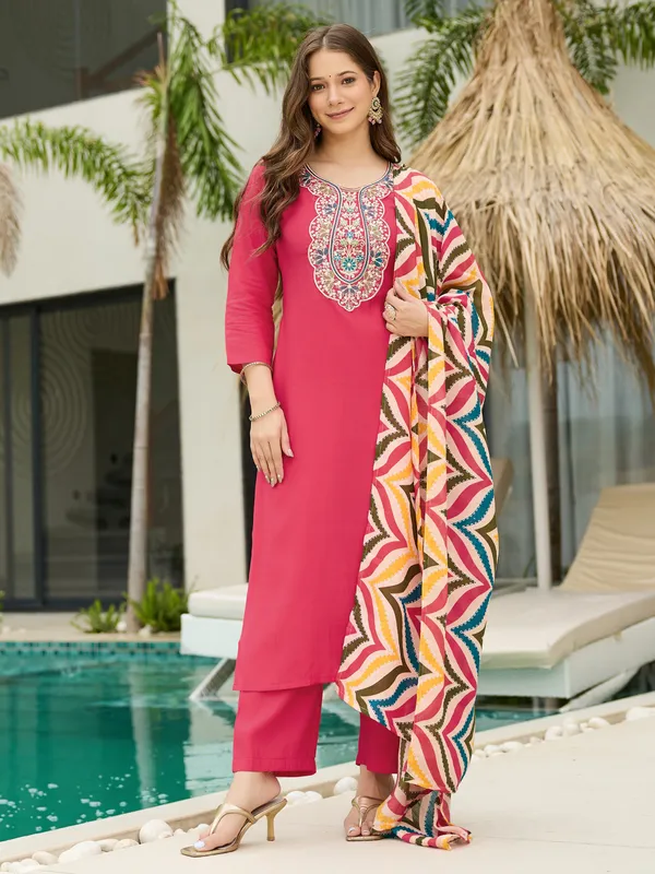 Pink_Rayon_Embroidered_Kurti_With_Pant_&_Dupatta_For_Women
