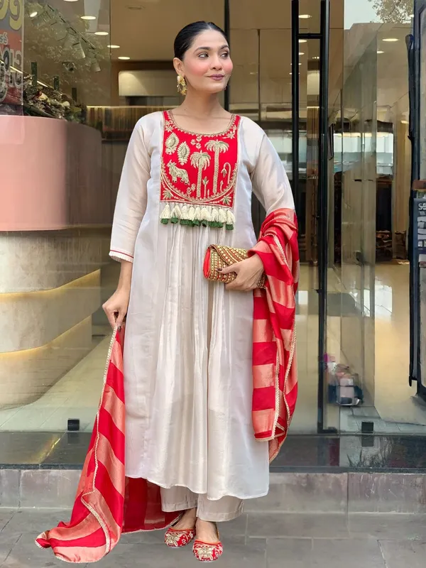 Red_Silk_Embroidered_Kurti_With_Pant_&_Dupatta_For_Women