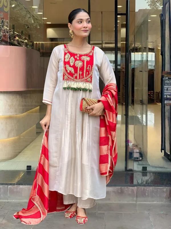Red_Silk_Embroidered_Kurti_With_Pant_&_Dupatta_For_Women