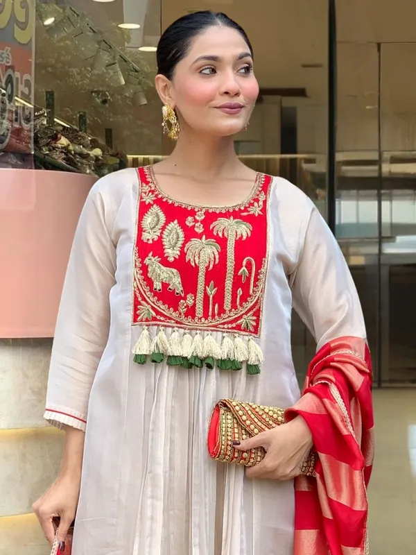 Red_Silk_Embroidered_Kurti_With_Pant_&_Dupatta_For_Women
