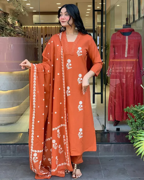 Orange_Cotton_Embroidered_Kurti_With_Pant_&_Dupatta_For_Women