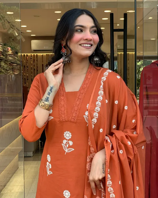 Orange_Cotton_Embroidered_Kurti_With_Pant_&_Dupatta_For_Women