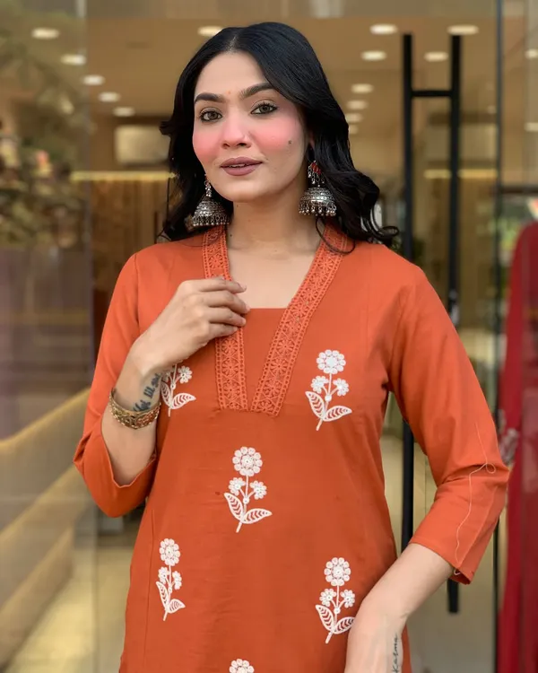 Orange_Cotton_Embroidered_Kurti_With_Pant_&_Dupatta_For_Women