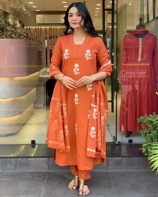 Orange_Cotton_Embroidered_Kurti_With_Pant_&_Dupatta_For_Women