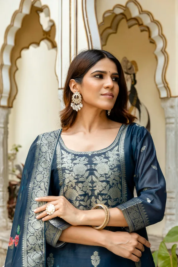Blue_Chanderi_Cotton_Printed_Woven_Design_Kurti_With_Pant_&_Dupatta_For_Women