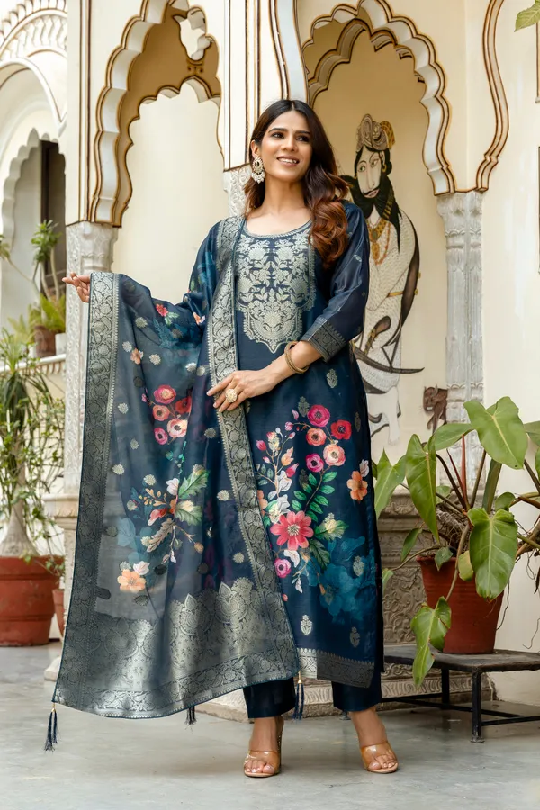 Blue_Chanderi_Cotton_Printed_Woven_Design_Kurti_With_Pant_&_Dupatta_For_Women