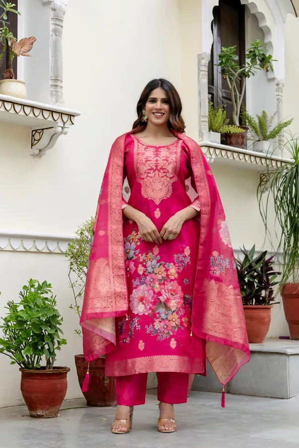 Pink_Chanderi_Cotton_Printed_Woven_Design_Kurti_With_Pant_&_Dupatta_For_Women