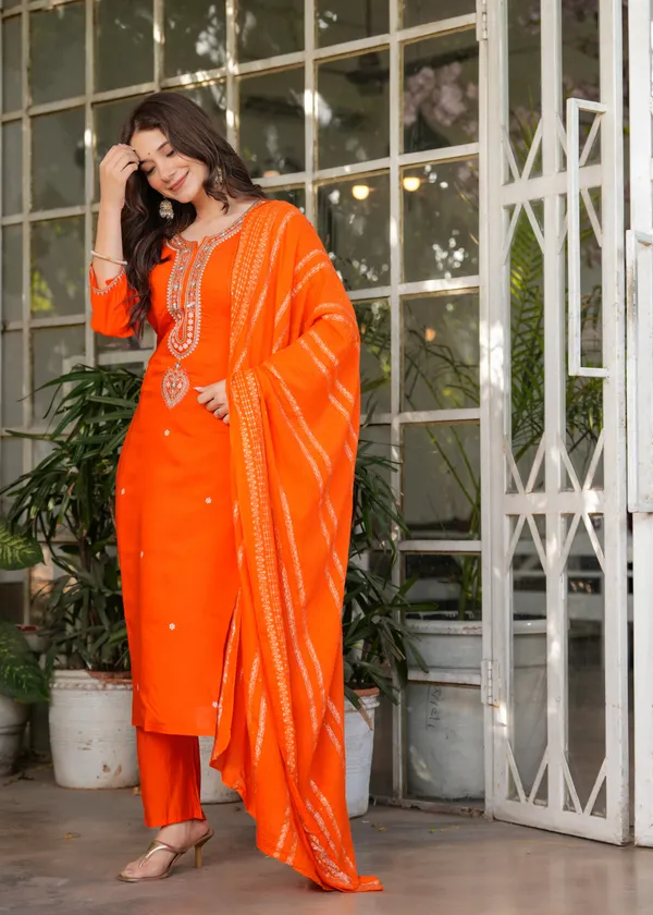 Orange_Viscose_Chanderi_Embroidered_Work_Kurti_With_Pant_&_Dupatta_For_Women