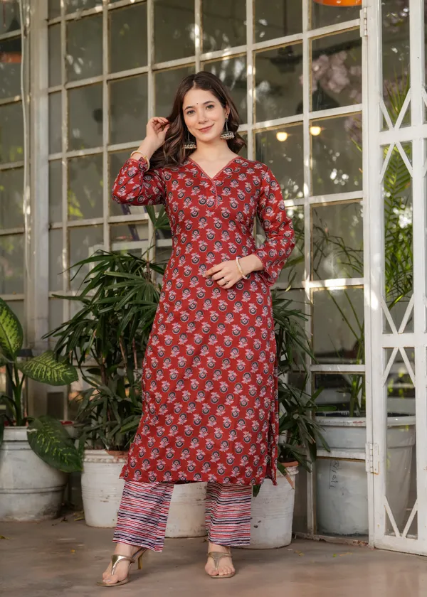 Red_Pure_Cotton_Printed_Kurti_With_Pant_&_Dupatta_For_Women