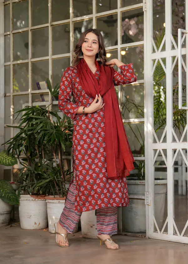 Red_Pure_Cotton_Printed_Kurti_With_Pant_&_Dupatta_For_Women