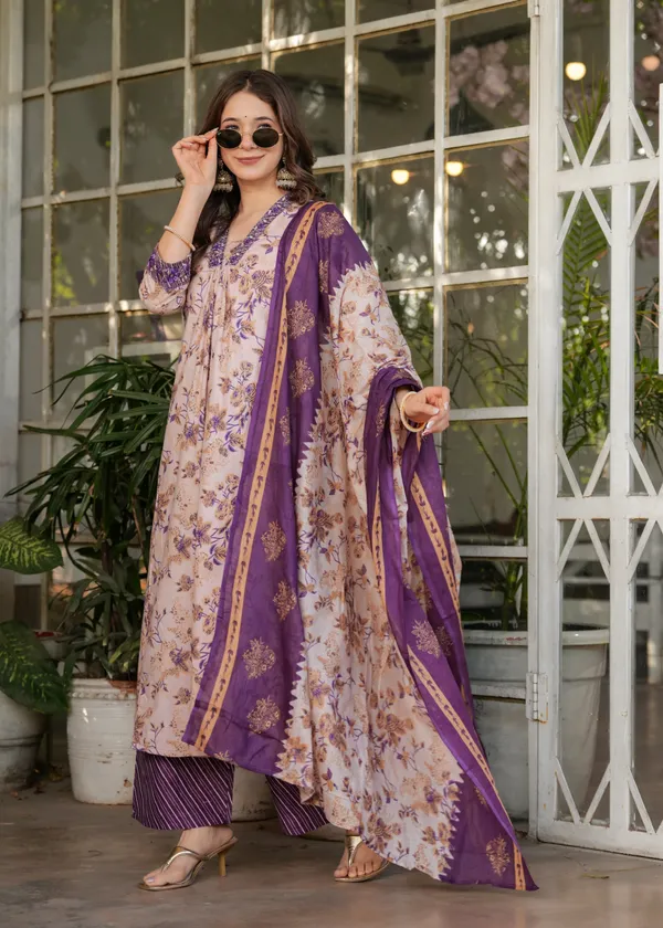 Cream_Pure_Cotton_Embroidery_With_Digital_Printed_Kurti_With_Pant_&_Dupatta_For_Women