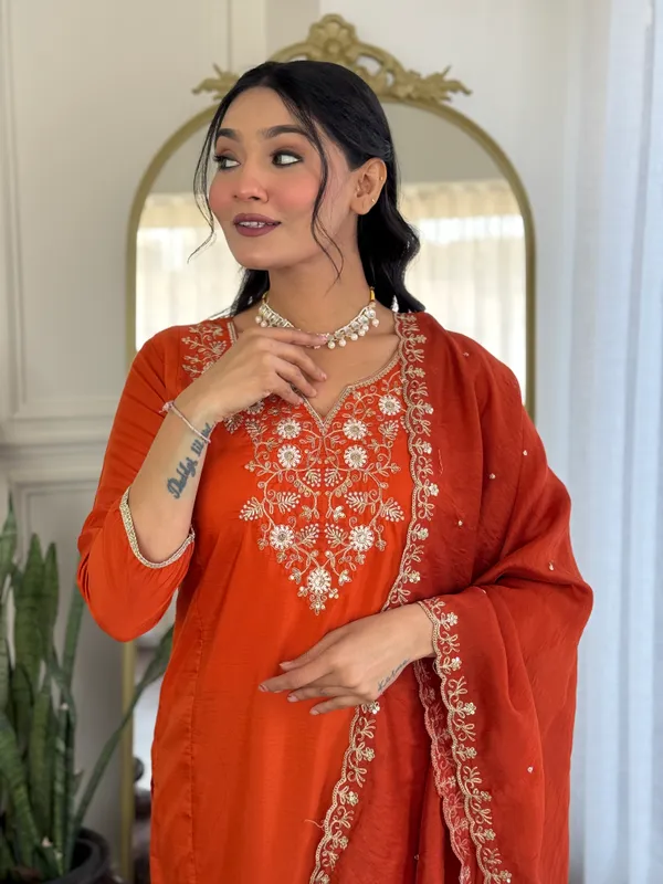 Orange_Viscose_Chinon_Embroidery_Kurti_With_Pant_&_Dupatta_For_Women