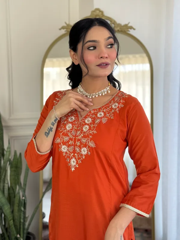 Orange_Viscose_Chinon_Embroidery_Kurti_With_Pant_&_Dupatta_For_Women
