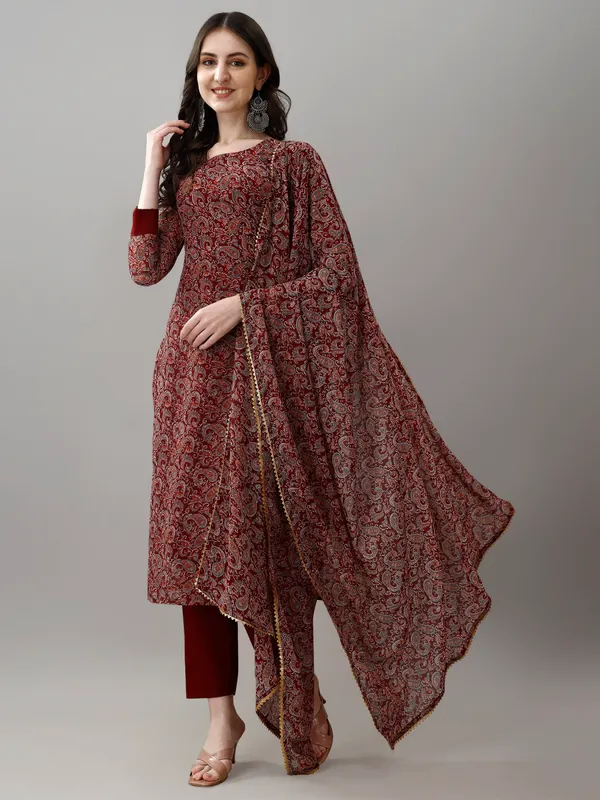 Maroon_Faux_Georgette_Embroidered_Kurti_With_Pant_&_Dupatta_For_Women