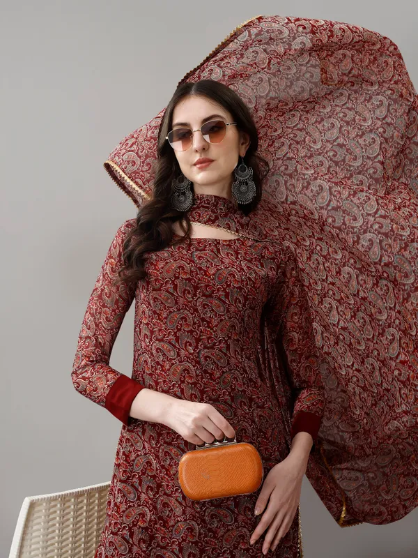 Maroon_Faux_Georgette_Embroidered_Kurti_With_Pant_&_Dupatta_For_Women