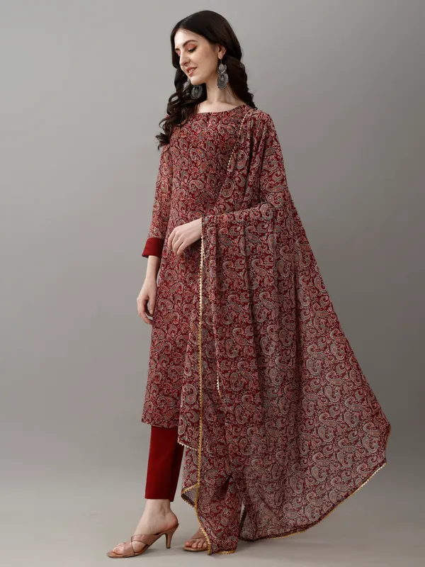 Maroon_Faux_Georgette_Embroidered_Kurti_With_Pant_&_Dupatta_For_Women