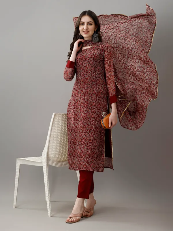 Maroon_Faux_Georgette_Embroidered_Kurti_With_Pant_&_Dupatta_For_Women