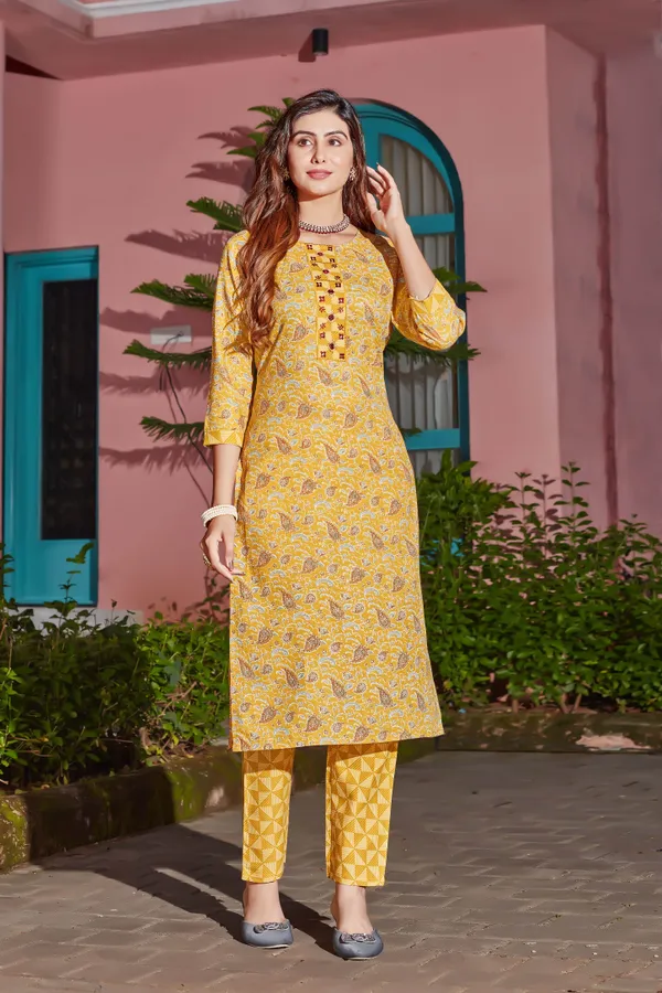 Yellow_Cotton_Blend_Digital_Print_With_Hand_Work_Kurti_With_Pant_For_Women