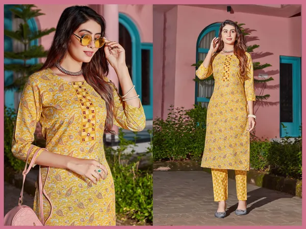 Yellow_Cotton_Blend_Digital_Print_With_Hand_Work_Kurti_With_Pant_For_Women