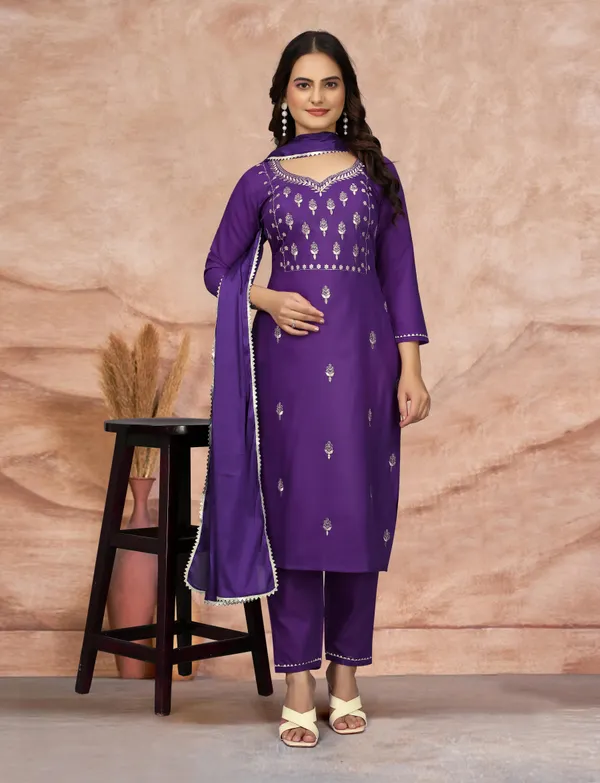 Purple_Cotton_Blend_Embroidery_Kurti_With_Pant_&_Dupatta_For_Women