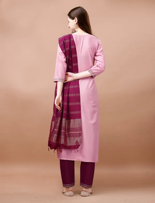 Pink_Cotton_Blend_Embroidery_Kurti_With_Pant_&_Dupatta_For_Women