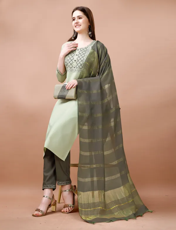 Pista_Cotton_Blend_Embroidery_Kurti_With_Pant_&_Dupatta_For_Women
