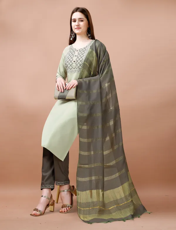 Pista_Cotton_Blend_Embroidery_Kurti_With_Pant_&_Dupatta_For_Women