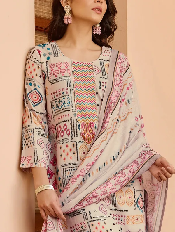 Cream_Cotton_Fully_Printed_With_Neck_Patch_Work_Kurti_With_Pant_&_Dupatta_For_Women