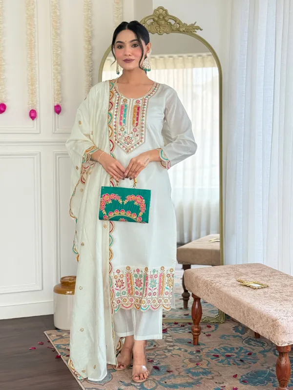 White_Viscose_Chanderi_Embroidery_Kurti_With_Pant_&_Dupatta_For_Women