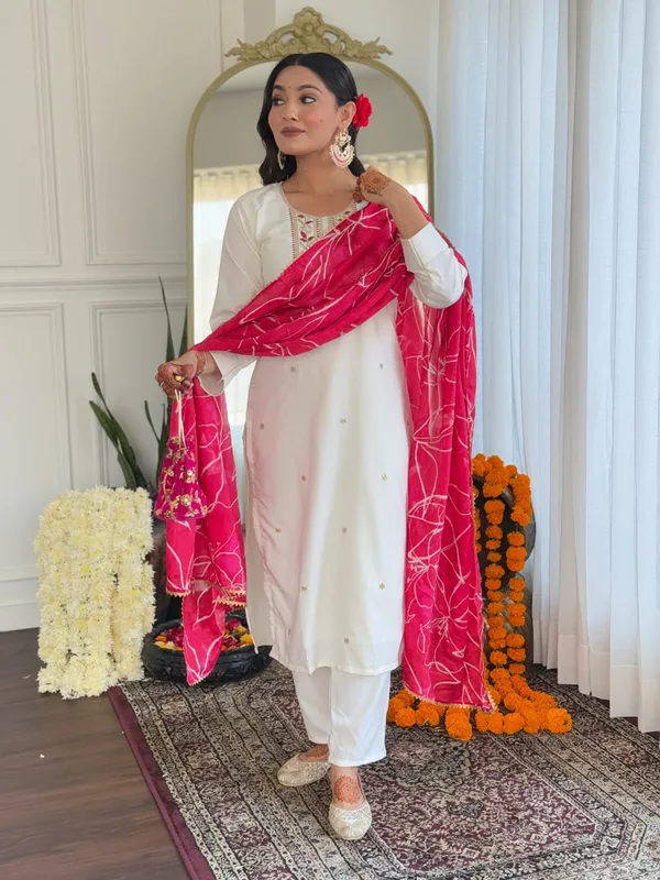 White_Rayon_Slub_Embroidery_Kurti_With_Pant_&_Dupatta_For_Women