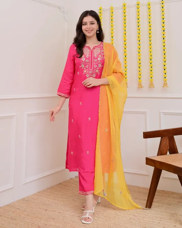 Pink_Chanderi_Embroidered_Kurti_With_Pant_&_Dupatta_For_Women