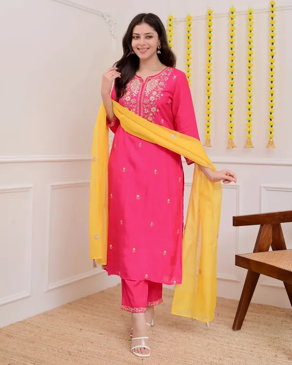 Pink_Chanderi_Embroidered_Kurti_With_Pant_&_Dupatta_For_Women